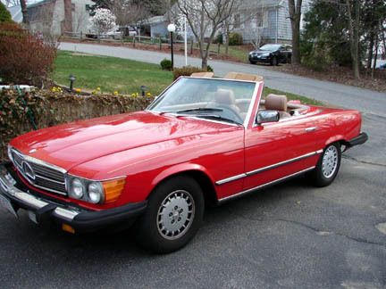 Find used 1985 red Mercedes 380SL. Tan interior, rag and hard top, ac ...