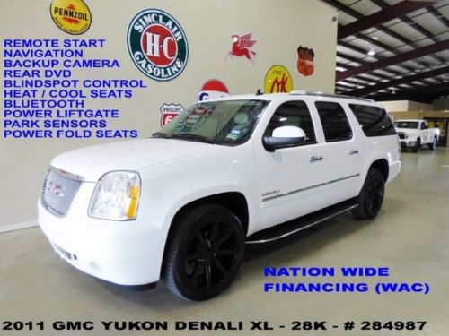 2011 yukon denali xl,sunroof,nav,rear dvd,htd/cool lth,black 22&#039;s,28k,we finance