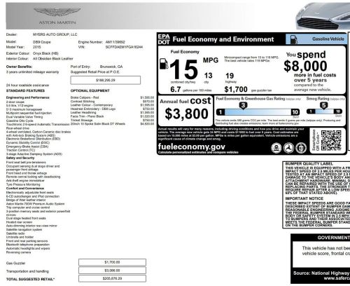 2015 aston martin db9 6.0l v12 $205k msrp