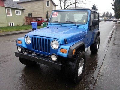 03 blue jeep sport manual chrome rims all terrain tires cloth finance v6 soft